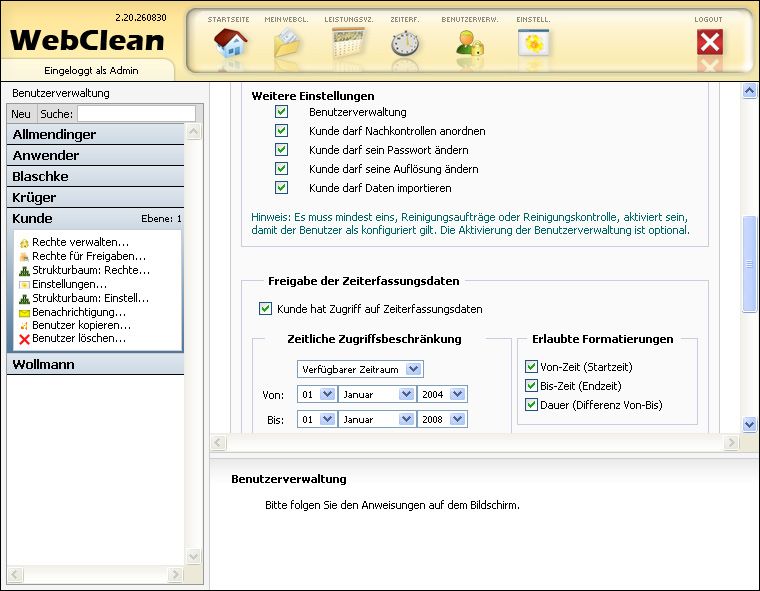 Funktionsrechte WebClean